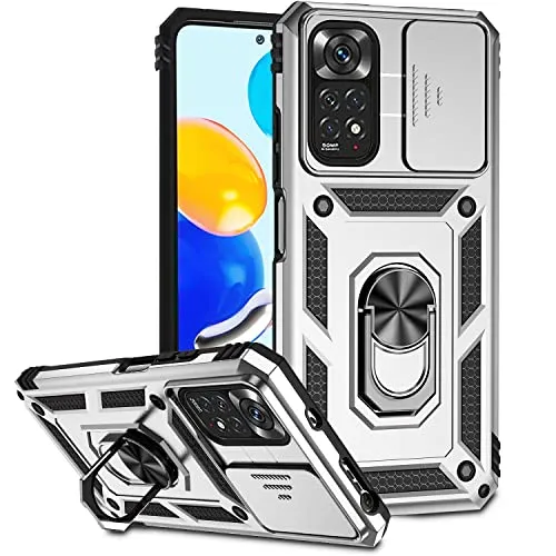 XINYEXIN Kameraschutz Handyhülle für Xiaomi Redmi Note 11 4G / Redmi Note 11S Hülle mit 360 Grad Metal Ring Ständer Stoßfest Schutzhülle Hard Case Sliding Camera Cover - Silber