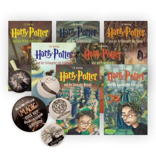 Harry Potter: Band 1-7 im Taschenbuchformat + Button Badge Pack - Hörbücher – Erlebe die gesamte Harry Potter Saga im praktischen Taschenbuchformat und erhalte ein originales Button Badge Pack als besonderes Extra!