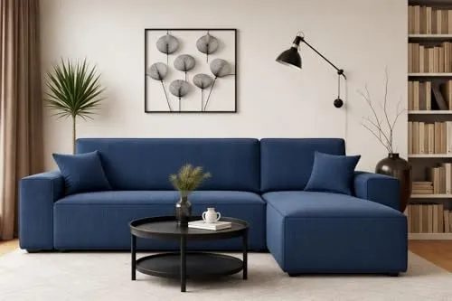 Emoebel24 Ecksofa Denis mit Schlaffunktion in Dunkelblau - Ecksofa mit Schlaffunktion – Stilvolles Design und multifunktional. Ideal für entspannte Abende oder als gemütliche Schlafgelegenheit für Übernachtungsgäste.