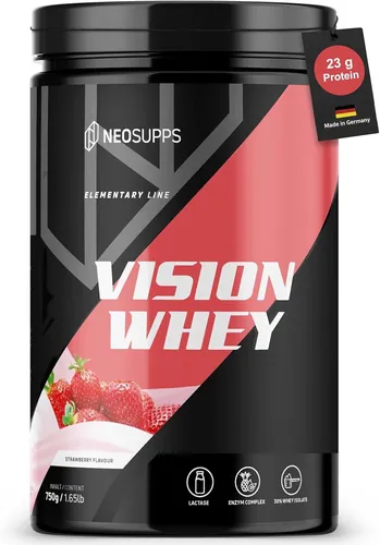 Neosupps Vision Whey Strawberry 750g, hochwertiges Eiweißpulver für optimalen Muskelaufbau - Erlebe die Kraft des Vision Whey! Mit 23g Protein pro Portion und 30% Isolat-Anteil bietet es hervorragende Löslichkeit und Geschmack. Ideal für Fitness-Enthusiasten, die auf Qualität setzen. Made in Germany.