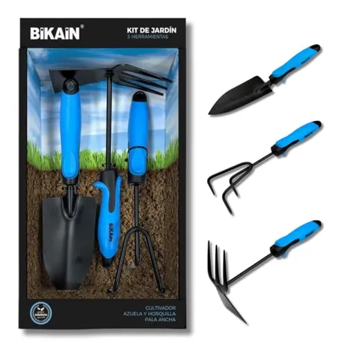 BIKAIN - Gartenwerkzeug-Set - 3 Werkzeuge - Enthält Breite Schaufel, Lanze+Gabel und Kultivator - Ergonomische und rutschfeste Griffe - Stahlwerkzeug, Schwarz