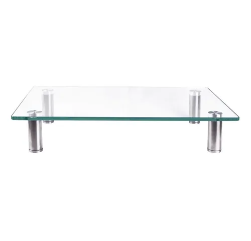 Mucola Monitorerhöhung aus Klarglas - Monitor-Halterung aus Sicherheitsglas, höhenverstellbar und ideal für ergonomisches Arbeiten am Schreibtisch.