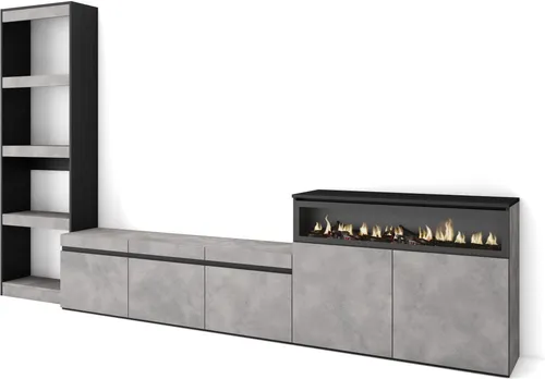 Wohnwand Wohnzimmer mit Elektrokamin, 310x35x186cm, für TV-Geräte bis 65" - Moderne Wohnwand in Zementgrau mit integriertem LED-Elektrokamin. Platz für TV und große Speicherkapazität. Hochwertige Materialien und elegantes Design für stilvolles Wohnen.