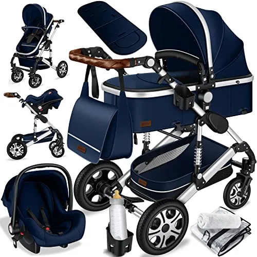 KESSER Kombi-Kinderwagen, Komplettset in Blau/Silber - Vielseitiger Kombikinderwagen mit 12-fach verstellbarem Handgriff, 4-fach verstellbarem Sonnenverdeck und platzsparendem Klappmechanismus – ideal für Familien on-the-go.
