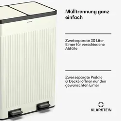 Klarstein Grama 60 Mülleimer 2 Fächer - 60 L Abfalleimer Mit Soft-Close Deckel, Retro-Design, Herausnehmbare 30 L Behälter, Pedalmechanismus, Vi... - Beige