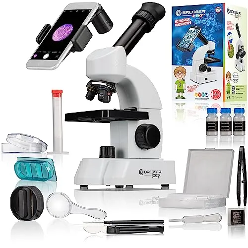 Bresser Junior Mikroskop - 40x-640x Vergrößerung, inkl. Smartphone-Adapter und umfangreichem Starterpaket für Einsteiger in die Mikroskopie