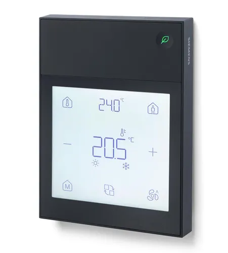 Siemens KNX Raumbediengerät T sch QMX6.P34-1BSC - Innovatives Raumbediengerät mit Temperaturfühler und intuitivem LCD-Touch-Display für eine komfortable Steuerung von Heizungs-, Lüftungs- und Klimaanlagen.