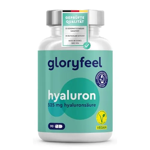 Hyaluron Kapseln Hochdosiert - 525mg Hyaluronsäure pro Kapsel - 500-700 kDa - 90 vegane Kapseln - Laborgeprüft, ohne Zusätze in Deutschland hergestellt