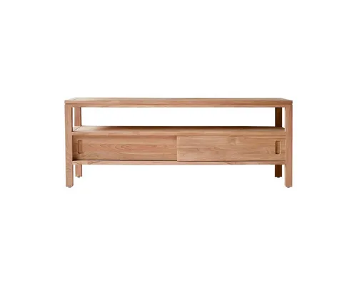 Tikamoon TV-Schrank aus Teakholz 130 cm - Eleganter TV-Schrank aus natürlichem Teakholz mit 2 Schiebetüren und Nische für Multimediageräte. Ideal für stilvolles Wohnen und praktischen Stauraum.