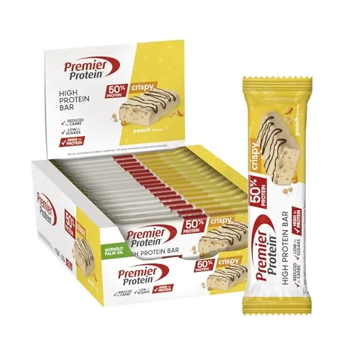 Premier Protein - High Protein Bar 50%+Crispy - Peach - 16x40g - Low Sugar - Low Carb - palmölfrei