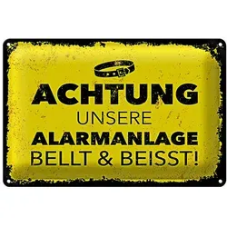 Roomando Metallschild Blechschild Hund Achtung unsere Alarmanlage beisst 30x20cm 30x20