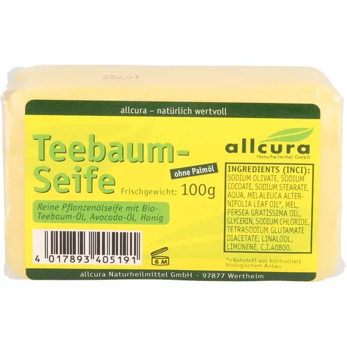 Teebaum Seife - Arzneimittel zur natürlichen Hautpflege, bekannt für ihre antibakteriellen Eigenschaften und ideal zur Unterstützung bei Hautunreinheiten.