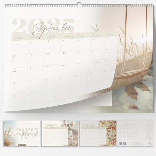 Kalender Wandkalender Monatskalender 2025 in A4 Beige mit KW ´s Feiertagen und Ferienplan/Ferienübersicht viel Platz zum beschreiben Monate Familien Planer 30x21 cm Hochwertig Business Boho