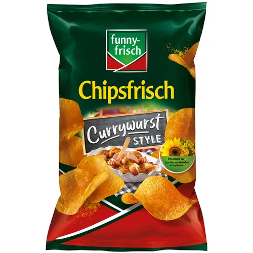 funny-frisch Chipsfrisch Currywurst 150g - Knusprige Kartoffelchips im Currywurst Style, glutenfrei und vegan. Mit fruchtiger Tomatennote und extra Currypulver für den perfekten Snackgenuss!