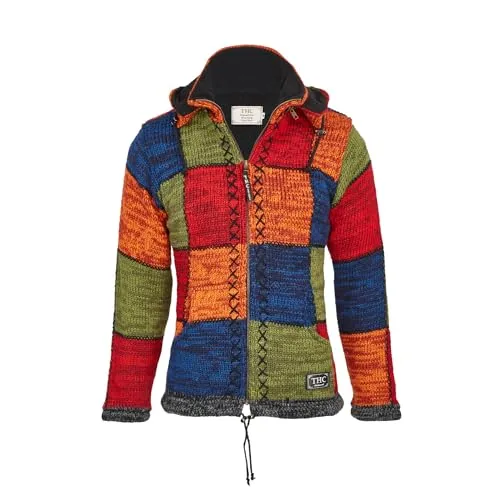 Schafwollstrickjacke bunte Quadrate 814 - Strickjacke für Herren aus 100% Schafschurwolle, handgestrickt und windabweisend, ideal für kalte Tage mit abnehmbarer Kapuze und praktischen Kängurutaschen.