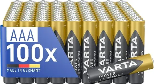 VARTA Batterien AAA, 100 Stück, Power on Demand, Alkaline, 1,5V, Vorratspack in umweltschonender Verpackung, ideal für Computerzubehör, Smart Home Geräte, Made in Germany [Exklusiv bei Amazon]