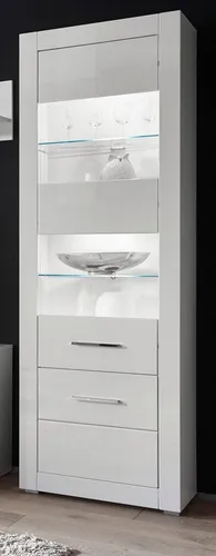 Furn.Design Vitrine 'Carrara' in Weiß Hochglanz – Eleganter Geschirrschrank mit 4 Fächern - Die Vitrine 'Carrara' im modernen Hochglanz-Design bietet mit 4 Fächern und Glaseinlegeböden viel Platz für Ihre Lieblingsstücke. Ideal für Wohnzimmer oder Esszimmer, überzeugt sie durch pflegeleichte Materialien und elegantes Erscheinungsbild.