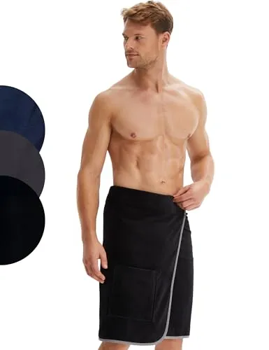 Morgenstern Saunakilt Herren mit Klettverschluss 100% Baumwolle Frottee Oeko-TEX® Handtuch 60x146 cm Saunahandtuch mit Tasche Jan Schwarz