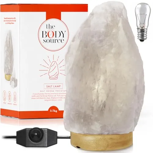 The Body Source Salzlampe (5-7 kg) mit Dimmerschalterlicht aus der Salt Range Pakistan auf einem Holzständer - Nachtlicht inkl.10W Glühbirnen und Geschenkbox