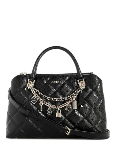 Guess Henkeltasche Libby 2 Compartment Satchel schwarz - Modische Handtasche mit praktischem Metall-Reißverschluss, verstellbarem Schultergurt und charmanten Details. Ideal für den täglichen Gebrauch und stilvolle Aufbewahrung.