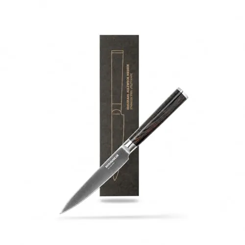 Reishunger 4er-Set Allzweck-Messer in Schwarz - (H)24 cm - Praktisches 4er-Set Allzweck-Messer aus Edelstahl mit Holzgriff, ideal für vielfältige Küchenanwendungen. Lieferung in einer stilvollen magnetischen Geschenkbox.