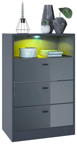 Vladon Kommode Pino V2 - Moderne Anrichte mit Beleuchtung - Kommode in Anthrazit matt/Grau Hochglanz, mit 3 geräumigen Schubladen und einem offenen Fach, ideal für stilvolle Wohnräume und einfache Reinigung.