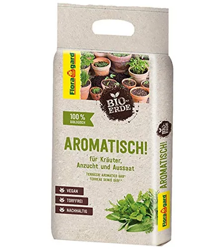 Floragard Bio-Erde Aromatisch 3 L – torffreie, vegane Kräuter- & Anzuchterde mit lockerer, feiner Struktur für Aussaat, aromatische Kräuter & Jungpflanzen – fördert Gute Keimung & gesundes Wachstum
