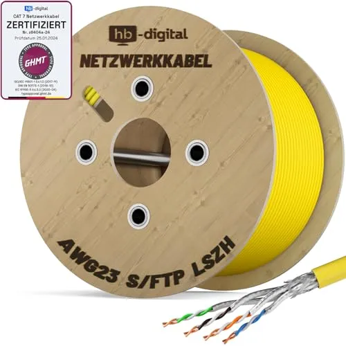 HB-DIGITAL 1000m CAT 7 Netzwerkkabel LAN Kabel Verlegekabel Ethernet Installationskabel 10 Gbit/s - reines Kupfer AWG23 S/FTP - GHMT Zertifiziert LSZH Datenkabel Simplex - Gelb