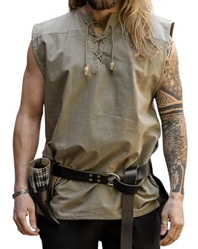 Leonardo Carbone® Ärmelloses Mittelalter Hemd Jean - Mittelalter Kleidung, Mittelalter Hemd Herren, LARP-Kleidung, Festival Outfit, Karneval Kostüm, Freizeithemden - 100% Baumwolle Hanf 2XL