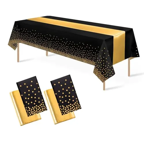 4Pack Disposable Plastic Tablecloths 137 * 274 cm and Satin Table Runner,Party Table Cloths,Gold Dot Confetti Table Cover for Birthday, Engagement, Wedding (Black Gold+Gold Table Runner)