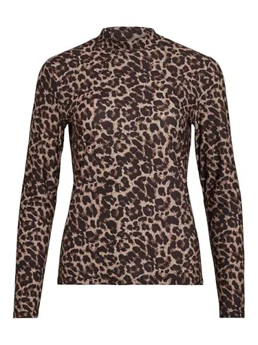 Vila Hochgeschlossen Rundhals T-Shirt VILEOA L/S ROLLNECK TOP - NOOS - Shirt in Braun/Schwarz, aus schnell trocknendem Jersey, ideal für jeden Anlass. Regular Fit für optimalen Tragekomfort.