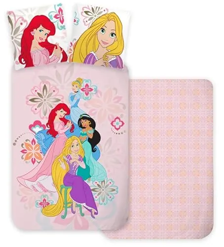 Prinzessinnen Bettwäsche Set 140x200cm - Bettwaren-Set für Kinder mit Arielle, Rapunzel, Cinderella und Jasmin – 100% Baumwolle für ein angenehmes Schlafklima, ideal für zarte Kinderhaut und pflegeleicht bei 60°C.
