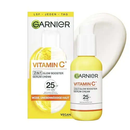 Garnier Serum-Crème gegen müde Haut und dunkle Flecken - Tagespflege mit Vitamin C und LSF 25, mildert Müdigkeitsanzeichen und dunkle Flecken für einen strahlenden, ebenmäßigen Teint.