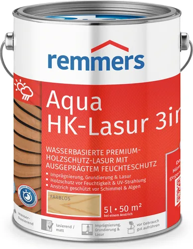 Remmers HK-Lasur 3in1 farblos, matt, 5 Liter - Premium Holzlasur für außen - 3in1 Lösung mit Imprägnierung, Grundierung und Lasur. Bietet exzellenten Schutz vor Feuchtigkeit und UV-Strahlen, ideal für Zäune und Gartenhäuser.