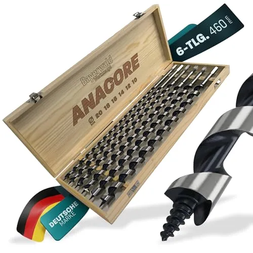 Schlangenbohrer Set 6-tlg. – HCS Holzbohrer 460 mm extra lang Ø10-20 mm für tiefe Bohrungen Weich- & Hartholz – Bayerwald Werkzeuge ANACORE 6 - präzise Zentrierspitze, 6kant Schaft Holzkoffer