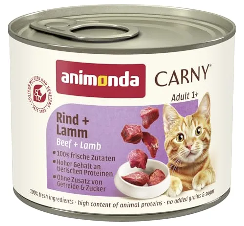 animonda Carny Katzen Nassfutter Rind + Lamm (6 x 200g), getreidefreies Katzen Nassfutter ohne Zucker, mit frischen fleischigen Zutaten