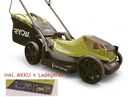 Ryobi Rasenmäher RLM18X33B40 ONE+ - Akku 18V mit Mulchfunktion - Akku-Rasenmäher mit 33 cm Schnittbreite, ideal für Rasenflächen bis 250 m². Ergonomischer Handgriff, einstellbare Schnitthöhe und praktische Mulchfunktion für einen gepflegten Rasen.