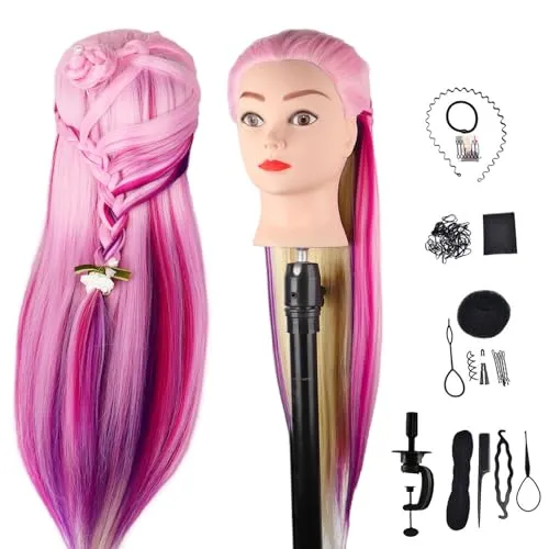 DaizySight Frisierkopf übungskopf Friseur 100% Synthetische Faser, Puppenkopf zum Frisieren Kinder, Mannequin Trainingsköpfe mit Klammer und Frisurenhilfe, 72cm, Rosa-mehrfarbig