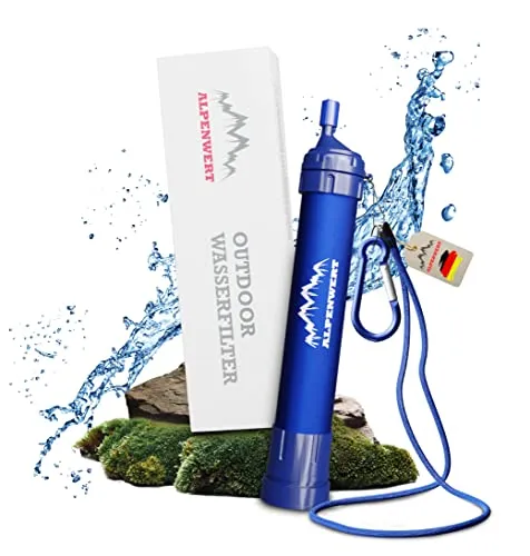 Alpenwert Wasserfilter Outdoor Wasserfilter - Universeller Wasserfilter für alle Trinkflaschen, filtert bis zu 4000 Liter und entfernt 99,99% aller Keime – perfekt für Wanderungen und Outdoor-Abenteuer.