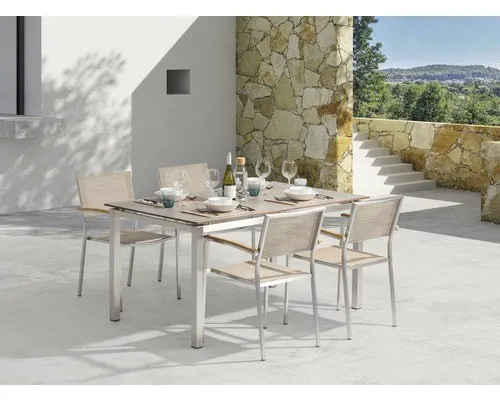 acamp Gartenmöbelset Skye beige 7tlg. Edelstahl - Gartenmöbel Set Skye 7-teilig aus Edelstahl, stapelbar und wetterfest mit wendbarer Tischplatte für 2 Designs, ideal für stilvolle und flexible Gartenmöbelgestaltung.