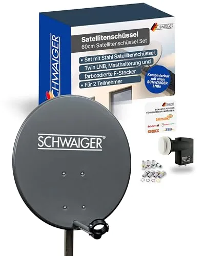SCHWAIGER Satellitenschüssel Komplettset mit Twin LNB - SAT-Antennen für 2 Teilnehmer, HD-Qualität mit wetterfester Stahl-Schüssel und einfacher Installation dank farbcodierter F-Stecker.