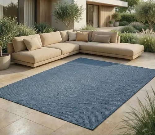Jimri Outdoorteppich Key West, Wetterfester Läufer in Blau | 140 cm x 200 cm - Moderner Outdoorteppich in meliertem Blau, ideal für Balkon und Terrasse. Pflegeleicht und wetterfest, perfekt für den Außenbereich. OEKO-TEX® zertifiziert für geprüfte Qualität.