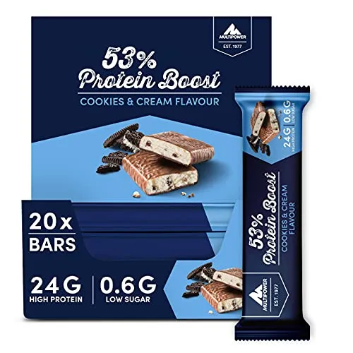 Multipower 53% Protein Boost – Cookies & Cream Proteinriegel - Proteinriegel mit 53% hochwertigem Eiweiß und nur 1,3 g Zucker. Ideal als Snack nach dem Sport oder für zwischendurch. Aspartamfrei und ballaststoffreich!