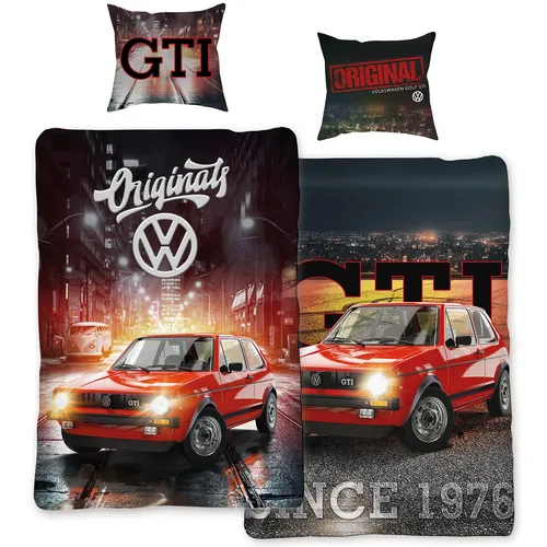 Linon Bettwäsche Volkswagen Golf GTI - 135 x 200 cm - Bettwäsche-Set für Auto-Liebhaber, aus 100% Baumwolle, waschbar bis 60°, Reißverschluss, ideal für Kinderzimmer und Jugendliche.