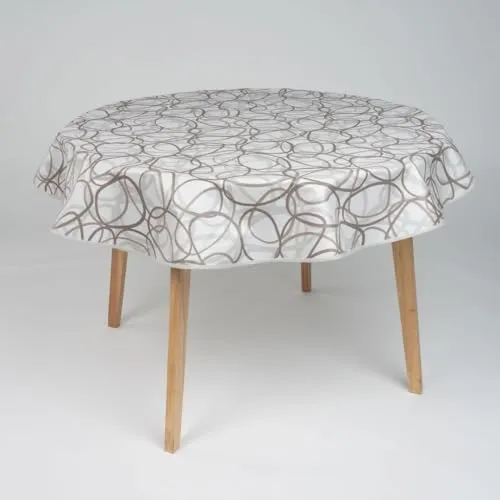 laro 140cm runde Wachstuch Tischdecke abwaschbar Wachstuchtischdecke mit Saum-Eingefasst-Paspelband, Muster:Schwungkreise Grau Beige, Größe: Rund 140cm