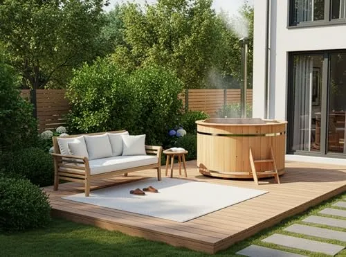 FinnTherm Whirlpool Badefass Bergen - Natur mit Edelstahl Innenofen - Aufstellpool für 4 Personen, aus hochwertigem Holz mit einem effektiven Edelstahl Innenofen für entspannende Stunden im Freien.