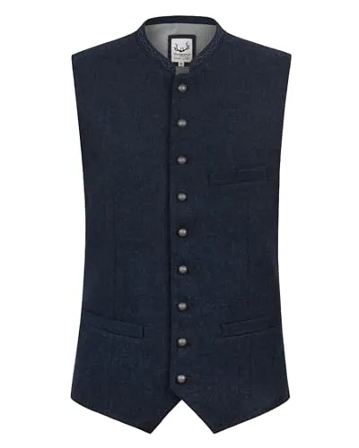 Stockerpoint Devito Herren Trachtenweste, Blau, 54 - Trachtenwesten für Herren, traditionelles Design mit besticktem Stehkragen und altsilbernen Kugelknöpfen für zeitlosen Charme und hohen Tragekomfort.