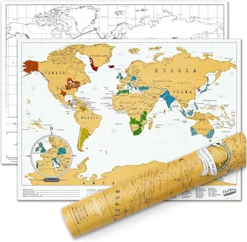 Scratch Map Travel Map - personalisierte Rubbelkarte für Reisende - Funktionsjacken und Reise-Poster im Weltformat, ideal für Abenteuerlustige. Die hochwertige Rubbelkarte ist kompakt und wird in einem robusten Schutzschlauch geliefert.