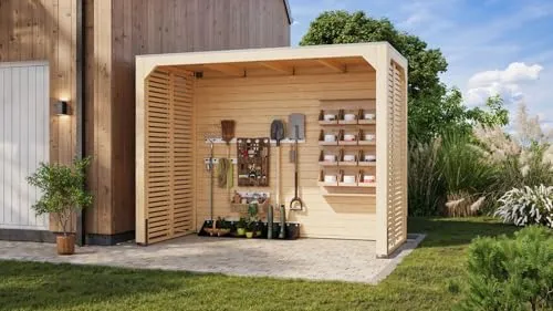 Karibu Gartenhaus Pavillon aus Leimholz, 320x160 cm - Robuster Gartenpavillon mit Flachdach, Rückwand und zwei Seitenwänden – ideal für geschützte Entspannung im Garten.