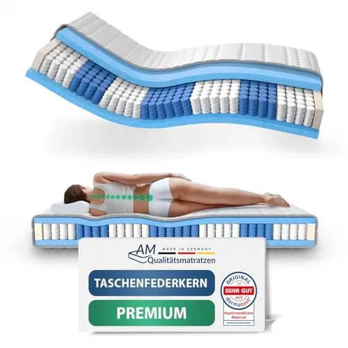 AM Qualitätsmatratzen 7-Zonen Taschenfederkernmatratze 90x200cm - Premium Schlafkomfort - Hochwertige 7-Zonen Tonnentaschenfederkernmatratze (90x200 cm) für optimale Punktelastizität und hervorragende Anpassungsfähigkeit. Ideal für erholsame Nächte und Rückengesundheit, Made in Germany.